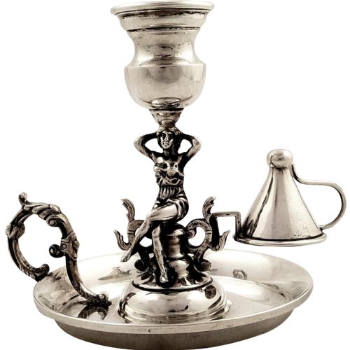 Antique Spanish Silver Chamberstick with Seated Maiden C1900
