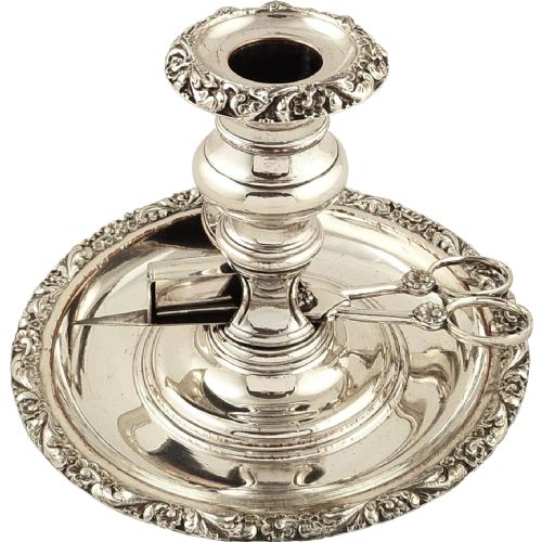 Antique Regency Sheffield Plate Chamberstick with Scissors & Snuffer C1820
