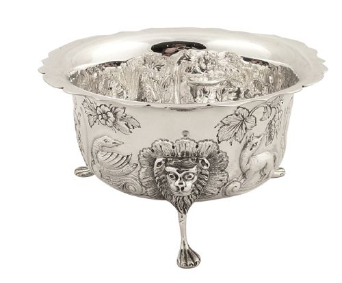 fig 1. Antique Edwardian Sterling Silver Bowl - 1905 - Dogs, Fish, Birds