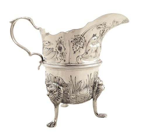 Antique Edwardian Sterling Silver Jug - 1905 - Birds, Fish, Dog, Lion Heads