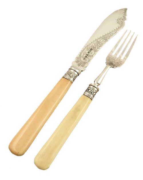 fig 1. Antique Edwardian Sterling Silver & Bone Canteen Fish Cutlery 1901