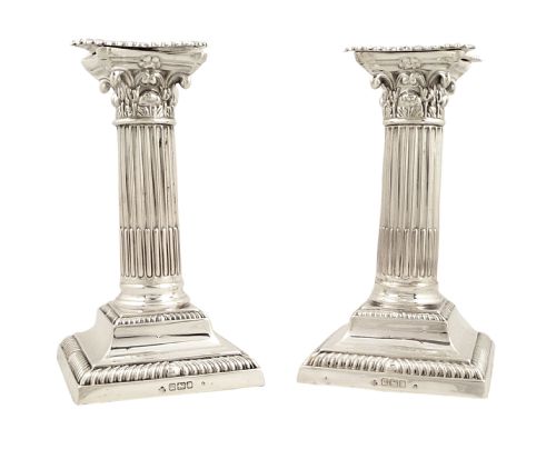 Pr Antique Edwardian Sterling Silver 6" Candlesticks 1905
