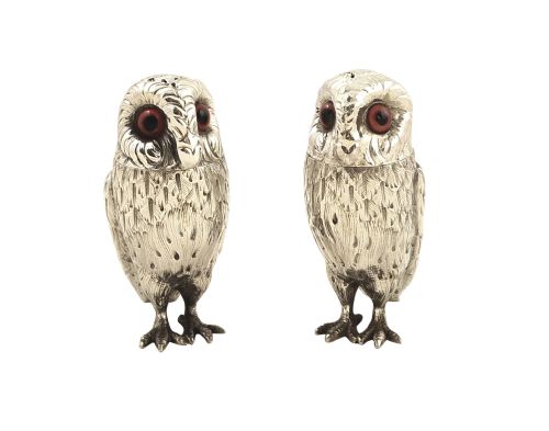 fig 1. Pr Antique Victorian Sterling Silver Owl Salt & Pepper / Cruet in Case 1871