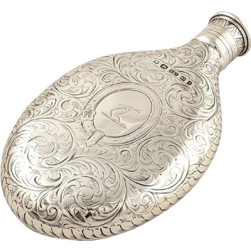 Antique Victorian Sterling Silver Engraved Hip Flask 1864 - Armorial Crest