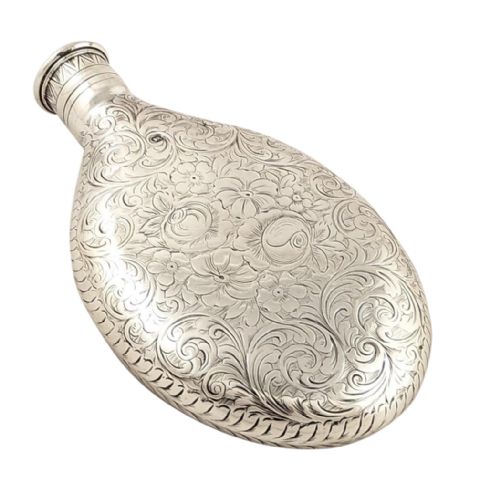 fig 1. Antique Victorian Sterling Silver Engraved Hip Flask 1864 - Armorial Crest