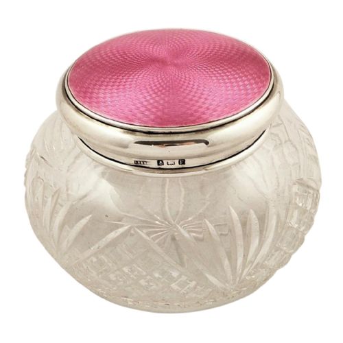 Large Antique Silver & Pink Enamel Vanity Jar 1930