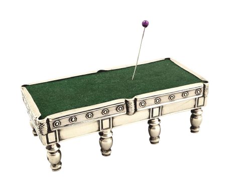 Unusual Antique Sterling Silver Snooker / Billiards Table Pin Cushion 1910