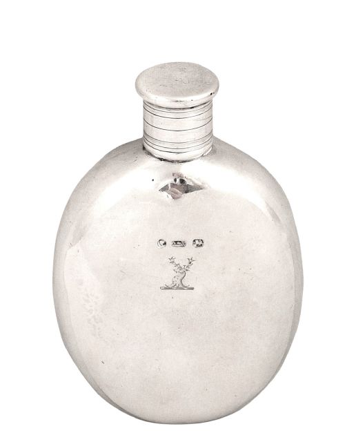 Antique Victorian Sterling Silver Hip Flask with Crest 1860