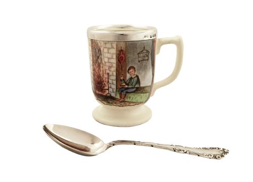 fig 1. Antique Victorian Silver Mounted Nursery/Baby Cup & Spoon - 1900 - Jack Horner