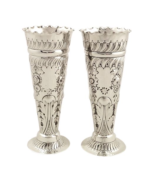 Super Pair of Antique Victorian Sterling Silver 5 1/2" Vases 1896