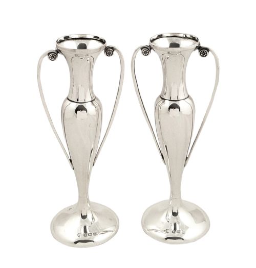 Pr Antique Edwardian Sterling Silver 6" Vases 1901