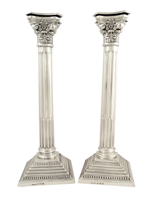 Pr Antique Sterling Silver 11" Corinthian Column Candlesticks 1913