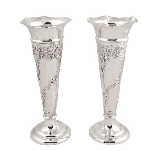 Pr Antique Edwardian Sterling Silver 7" Vases 1902