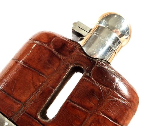 Antique Sterling Silver & Crocodile Leather Hip Flask - 1939