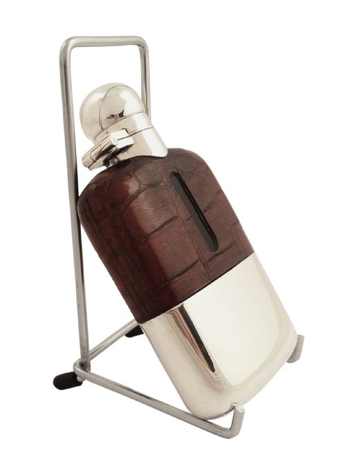 fig 1. Antique Sterling Silver & Crocodile Leather Hip Flask - 1939