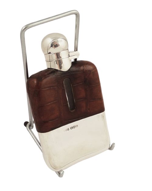 fig 2. Antique Sterling Silver & Crocodile Leather Hip Flask - 1939