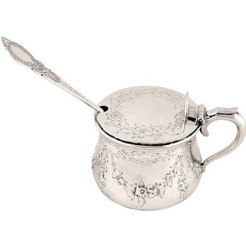 Antique Victorian Sterling Silver Mustard Pot & Liner with Spoon 1864