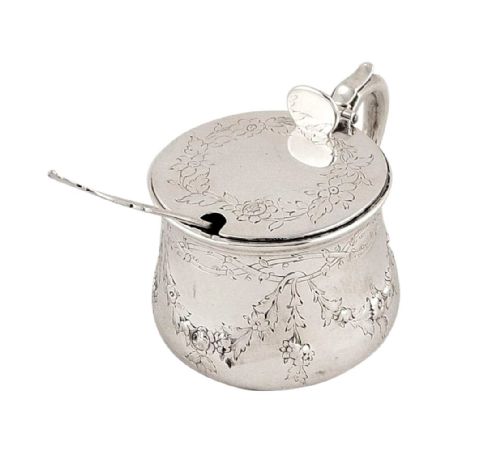 fig 1. Antique Victorian Sterling Silver Mustard Pot & Liner with Spoon 1864