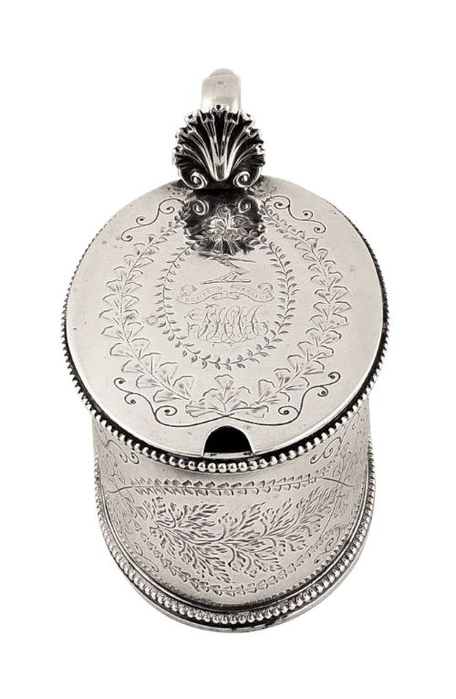 fig 1. Antique Victorian Sterling Silver Mustard & Liner 1872 - Armorial Crest