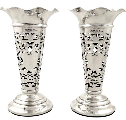 Pr Antique Edwardian Sterling Silver Spill Vases 1907 Walker & Hall