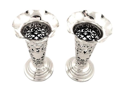 fig 1. Pr Antique Edwardian Sterling Silver Spill Vases 1907 Walker & Hall