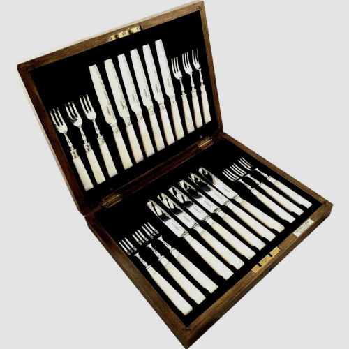 Antique Solid Silver & Mother of Pearl 24 Piece Canteen Cutlery 1920