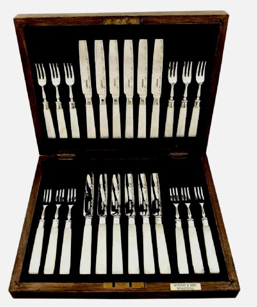 fig 1. Antique Solid Silver & Mother of Pearl 24 Piece Canteen Cutlery 1920