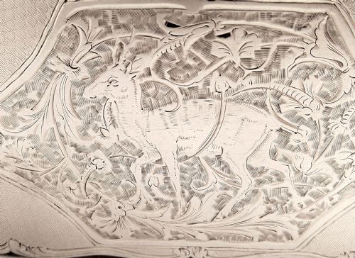 fig 1. Antique Victorian Sterling Silver Snuff Box - 1893 Stag