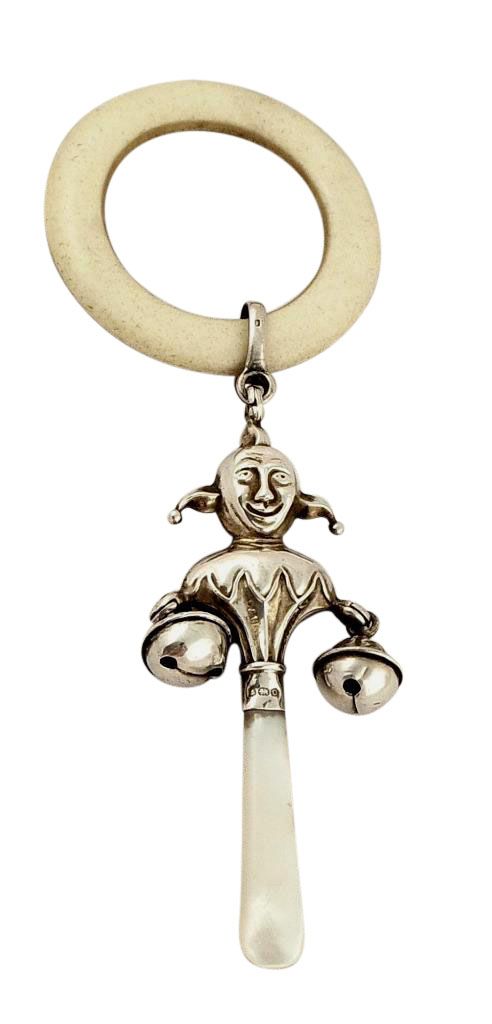 Antique Sterling Silver Jester Baby Rattle with Bells 1913