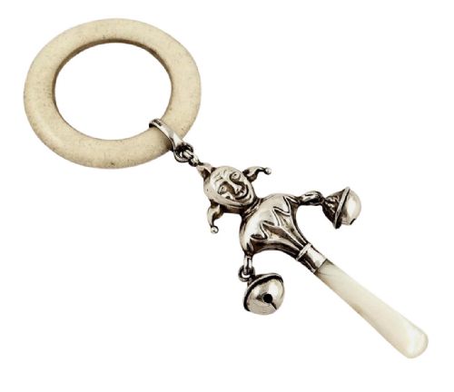fig 1. Antique Sterling Silver Jester Baby Rattle with Bells 1913