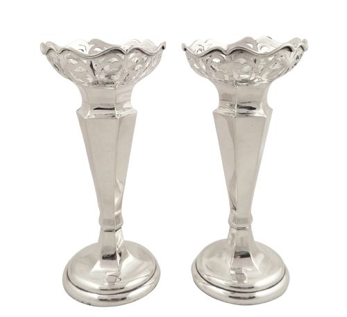 Pr Antique Sterling Silver Pierced Top Vases 1913