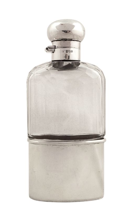 Antique Sterling Silver & Faceted Glass Hip Flask - Angels 1912