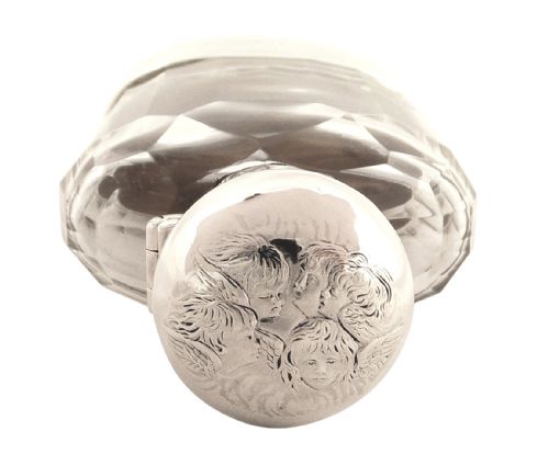 fig 1. Antique Sterling Silver & Faceted Glass Hip Flask - Angels 1912 