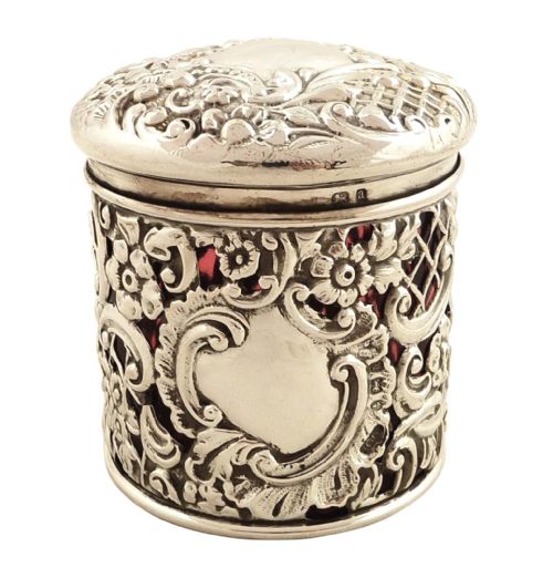 Antique Victorian Silver Vanity Pot with Red Glass Liner 1900