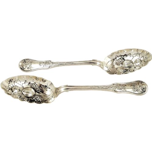 Pr Antique Victorian Sterling Silver Berry Spoons 1847