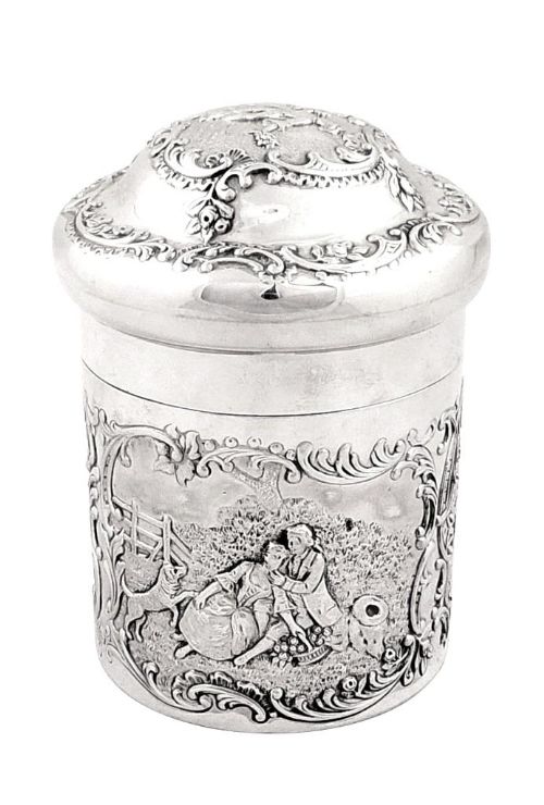 Antique Victorian Sterling Silver Vanity Pot with Scenes 1899