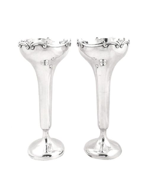 Pr Antique Edwardian Sterling Silver 7" Vases 1908