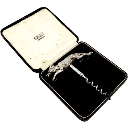 Antique Hallmarked Sterling Silver Fox Corkscrew in Case 1933