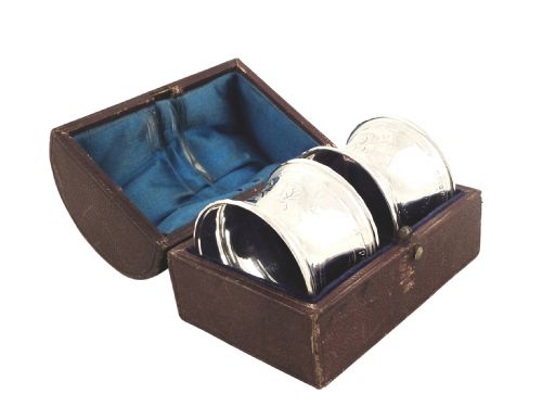 Pr Antique Victorian Sterling Silver Napkin Rings in Case 1877