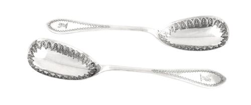 Pr Antique Victorian Sterling Silver Serving Spoons - 1875 - Armorial Crest