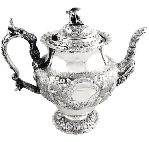Antique Georgian Sterling Silver Teapot - Chinese Decoration 1827
