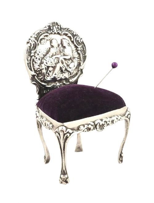 Large Antique Sterling Silver Chair Pin Cushion 1902