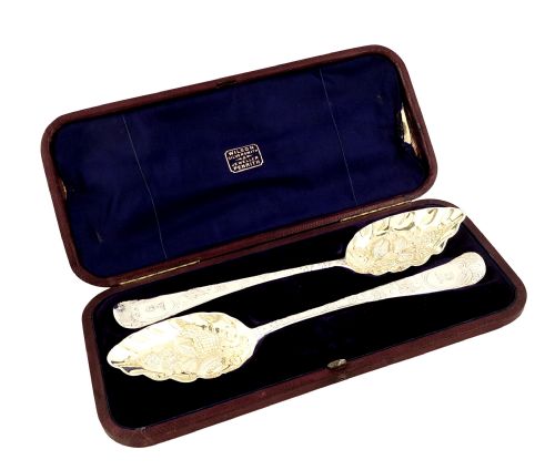 Pr Antique Georgian Sterling Silver Berry Spoons in Presentation Case - 1780
