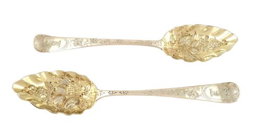 fig 1. Pr Antique Georgian Sterling Silver Berry Spoons in Presentation Case - 1780