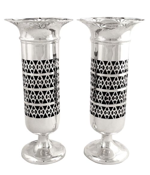 Pr Antique Sterling Silver 7 1/2" Vases 1921