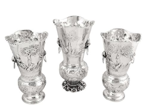 Antique Victorian Sterling Silver Garniture of 3 Vases - 1899 - Scenes