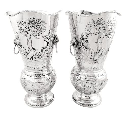 fig 1. Antique Victorian Sterling Silver Garniture of 3 Vases - 1899 - Scenes