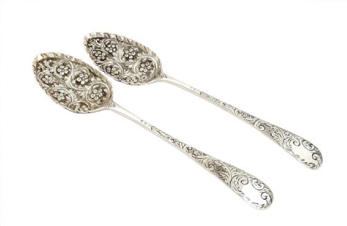 Pr Antique Georgian Scottish Sterling Silver Berry Spoons - Edinburgh 1796