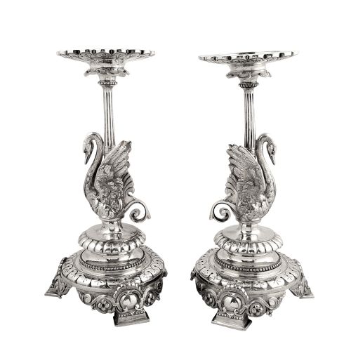 Pr of Antique Victorian Silver Plated Swan Candlesticks - Elkington 1895