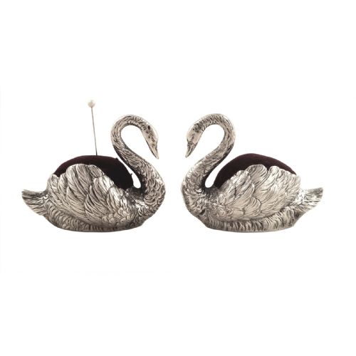Rare Pr Antique Victorian Sterling Silver Swan Pin Cushions 1897